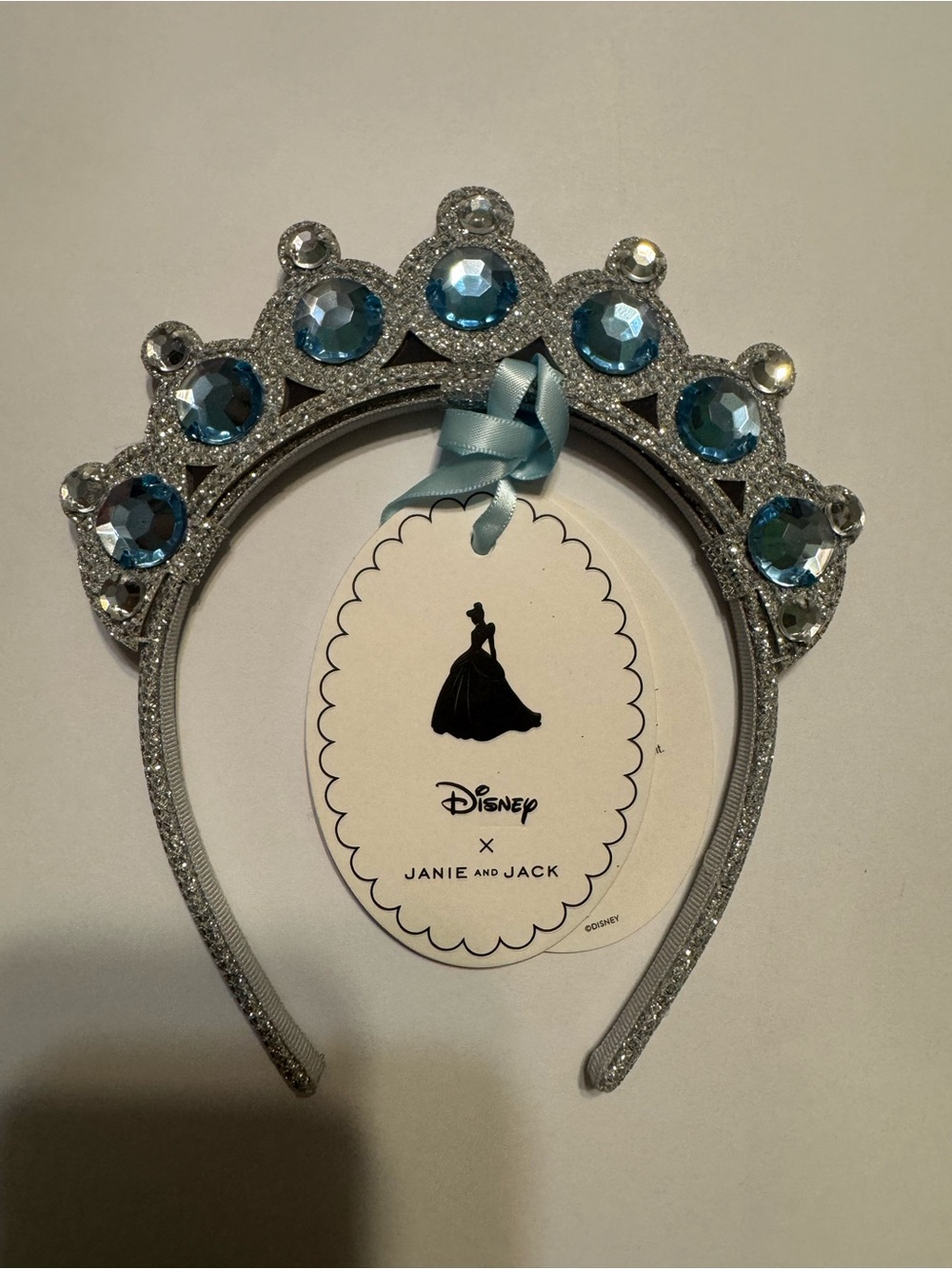 Disney x Janie and Jack Cinderella Tiara Headband Silver/Blue Glitter Bow Felt
